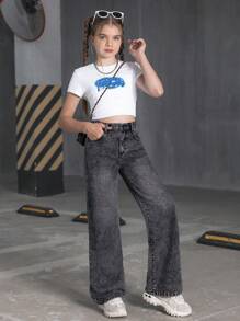 SHEIN 女童正面纽扣多口袋蝴蝶结刺绣星星牛仔裤