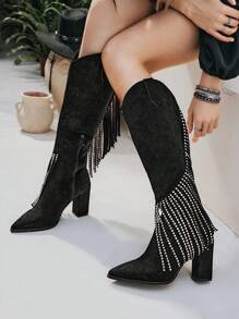 Styleloop Women's Rhinestone Fringe Cowboy Boots, Black, Winter Fall - Black - View 3