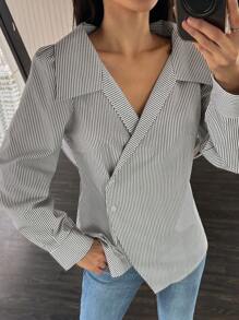 DAZY 不对称纽扣格子长袖衬衫，女款时尚设计，秋季服装 - 黑與白 - 查看 6