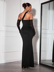 SHEIN SXY Vestido tubinho preto sexy de manga longa, transparente em tela de malha fina, para festa em clube - Preto - Visão 2