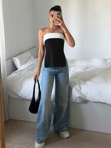 SHEIN EZwear 女士毛绒拼布抹胸上衣，休闲假日装 - 黑與白 - 查看 6