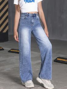 SHEIN Tween Girl Bow Print Denim Jeans,Holiday,Summer,Travel - Medium Wash - View 3