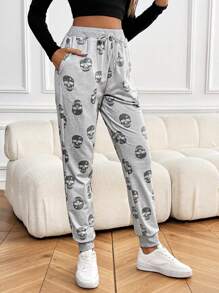 SHEIN LUNE 骷髅印花修身款抽绳腰部口袋运动裤