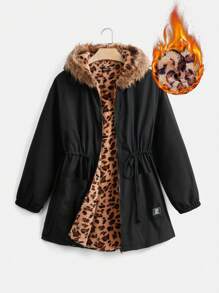 SHEIN EZwear Plus Size Women Hooded Long Sleeve Contrast Color Drawstring Fuzzy Trim Padded Coat