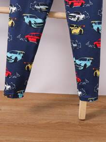 SHEIN 2pcs/Pajama Set Young Boy Casual Comfortable Cartoon Car Pattern Long Sleeve Jumpsuit Snug Fit Loungewear - Blue - View 6