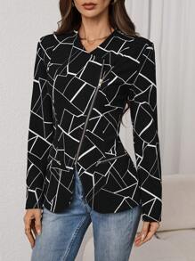 SHEIN Privé Women's Autumn/Winter Basic Simple, Fashionable & Elegant Houndstooth Pattern Stand Collar Zipper Jacket Old Money Winter Women Coat