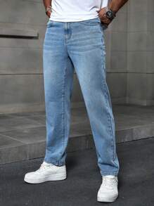 Manfinity Homme Men's Light Blue Denim Casual Straight Leg Jeans - Light Wash - View 1