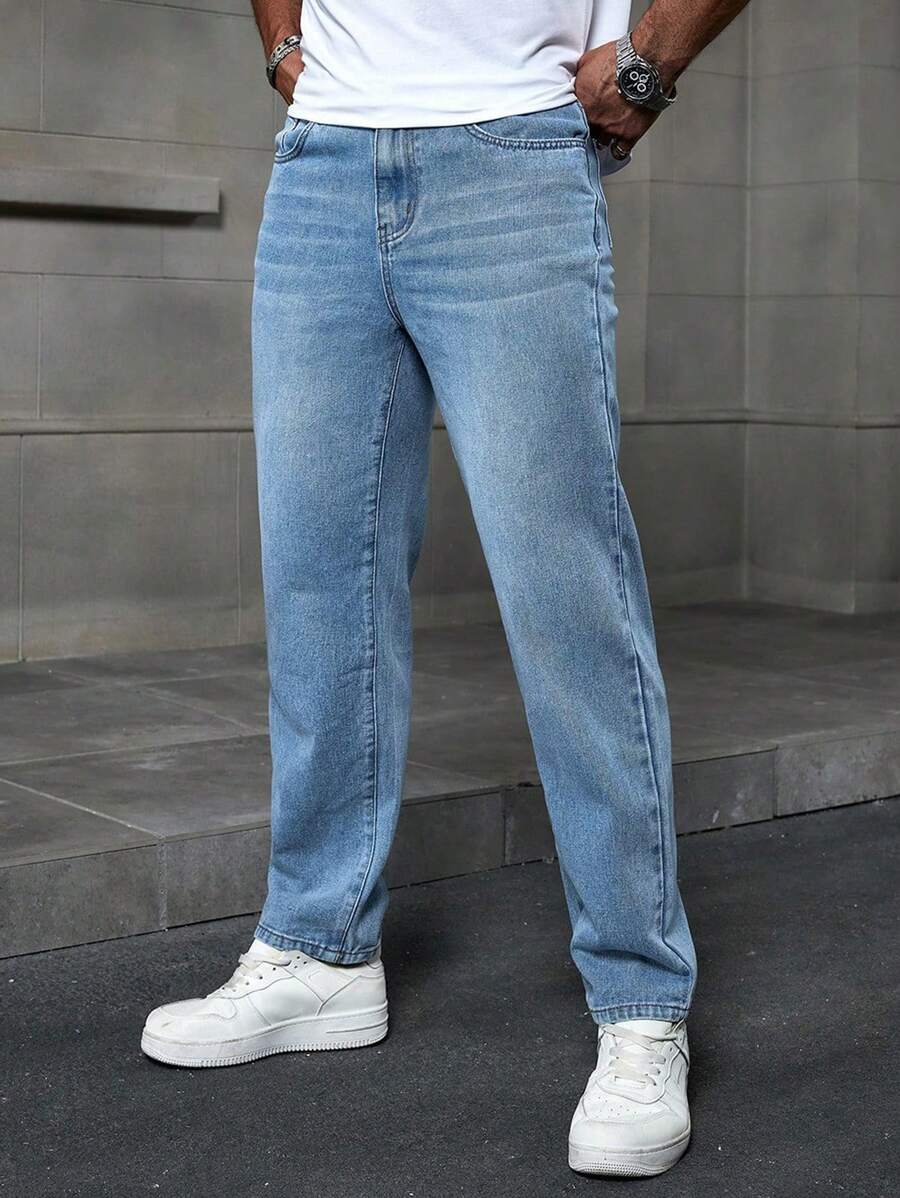 Manfinity Homme Men's Light Blue Denim Casual Straight Leg Jeans - Light Wash - View 1