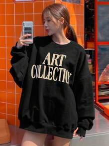 DAZY 圆领字母印花基本款卫衣，休闲日常穿着，长袖上衣，秋装 - 黑色 - 查看 3