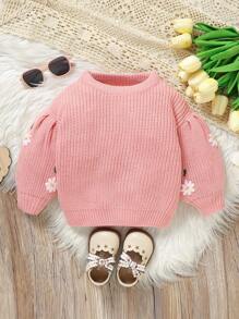 女宝宝纯色花朵刺绣长袖休闲毛衣 - 粉色 - 查看 4