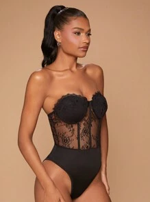 Hauture Women's Solid Color Lace Patchwork Sheer Bandeau Bodysuit