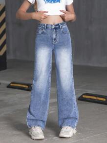 SHEIN Tween Girl Bow Print Denim Jeans,Holiday,Summer,Travel - Medium Wash - View 5