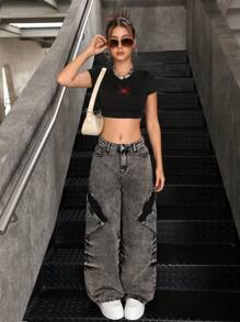 SHEIN Teen Girls Y2K Punk Fashion Stonewashed Flap Pocket Denim Wide Leg Cargo Jeans Pants, Girls Fall Clothes Back To School Streetwear Outfits