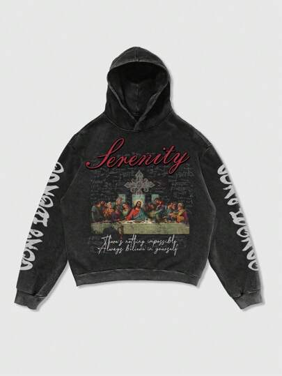 Street Life Men's Loose Pullover Hooded Sweatshirt With Slogan & Figure Print, Spring & Autumn