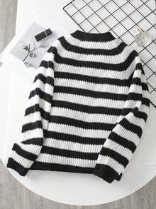 SHEIN Áo len cardigan sọc dài tay cổ chữ V rộng rãi cho bé gái tuổi teen - Đen và trắng - Xem 2