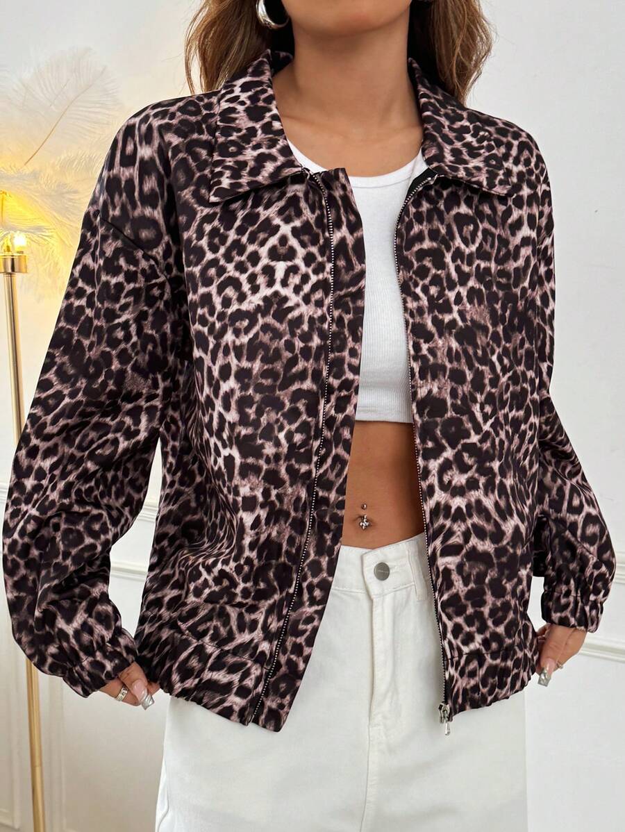 SHEIN EZwear Women's Zip-Up Long Sleeve Fashionable Street Style Cheetah Jacket - Multicolor - View 1