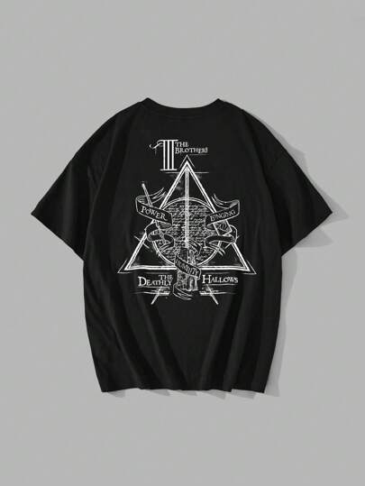 HARRY POTTER X SHEIN Camiseta gráfica holgada y casual de mujer "Las Reliquias de la Muerte" en negro y blanco, camiseta extra holgada