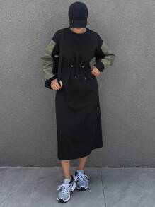DAZY Robe à capuche femme à design patchwork bicolore avec cordon de serrage, manches longues, pour l'automne et l'hiver - Noir - Voir 4