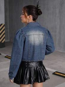 SHEIN 青少年女孩 Y2K 时尚复古水洗翻领泡泡袖直肩牛仔夹克翻盖细节短款西装外套，女孩秋装返校装 - 中等水洗藍 - 查看 2