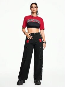 ROMWE Grunge Punk 音乐节朋克红黑休闲百搭街头风格索环系带 3D 口袋拉链宽松女式牛仔裤 - 黑色 - 查看 5