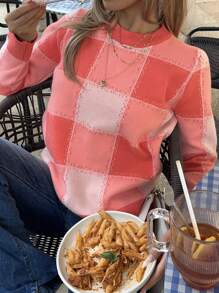 SHEIN EZwear Sweater Con Patrón A Cuadros De Bloque De Color - Rosa - Ver 4