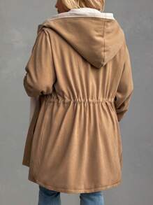 SHEIN LUNE 大码女式冬季纯色长袖二合一保暖内衬腰部抽绳连帽夹克冬季服装 - 卡其色 - 查看 2