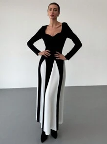 Aloruh Hàng mới về Thu/Đông Tay dài Màu đen và trắng Cổ chữ A ôm vừa vặn - Đen và trắng - Xem 7