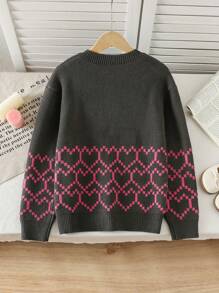Girls' Autumn/Winter Clothing, Round Neck Long Sleeve Heart Pattern Sweater Cardigan, Sweet Cute Loose Knit Jacket - Dark Grey - View 2