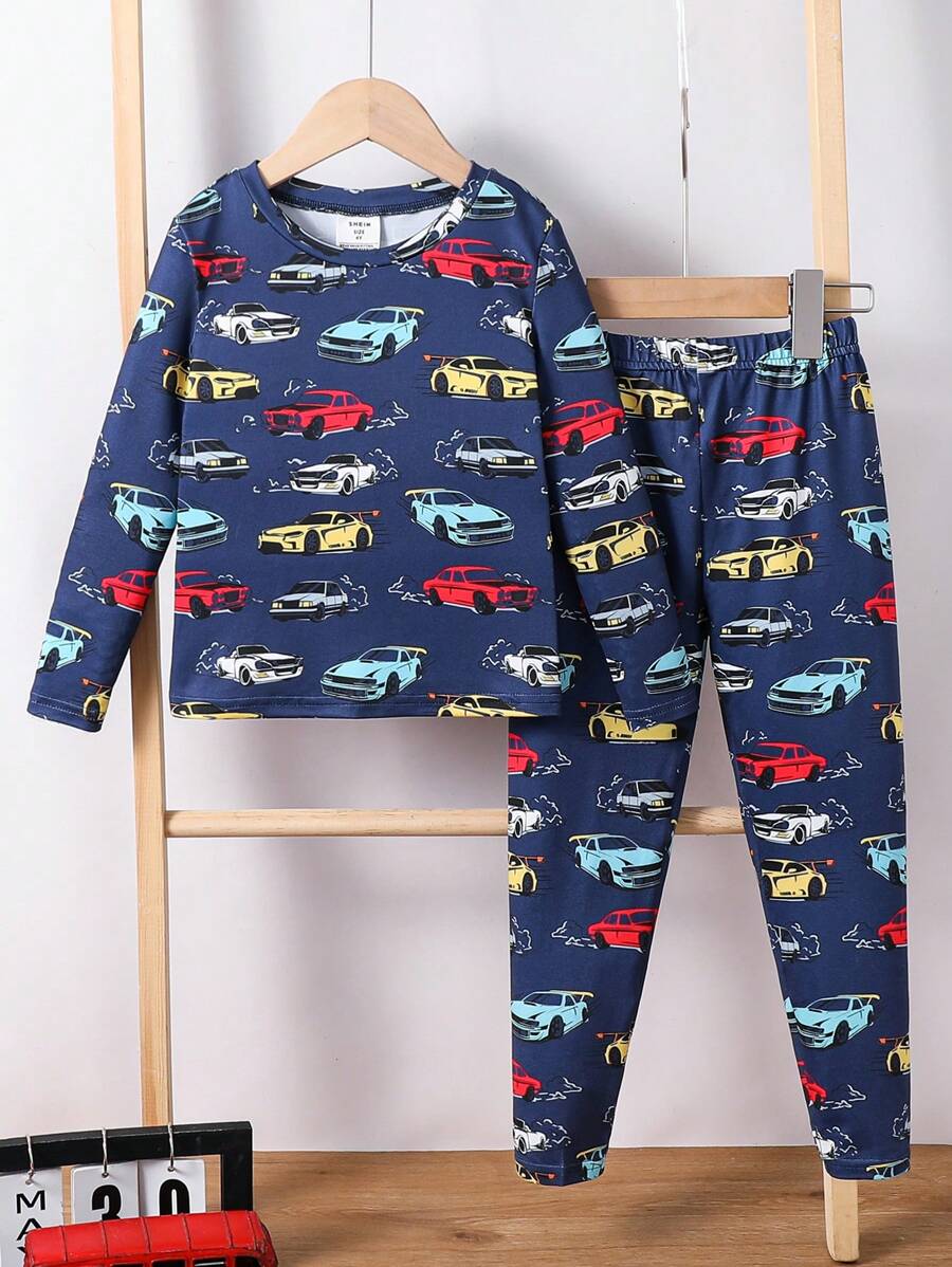 SHEIN 2pcs/Pajama Set Young Boy Casual Comfortable Cartoon Car Pattern Long Sleeve Jumpsuit Snug Fit Loungewear - Blue - View 1