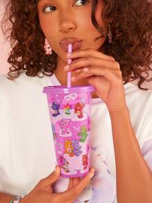 SHEIN X Care Bears Vaso con cañita de 750ml con impresión de dibujos animados que cambia de color, diseños de Cheer Bear, Bedtime Bear y Tenderheart Bear, regalos - Rojo violeta - Ver 3