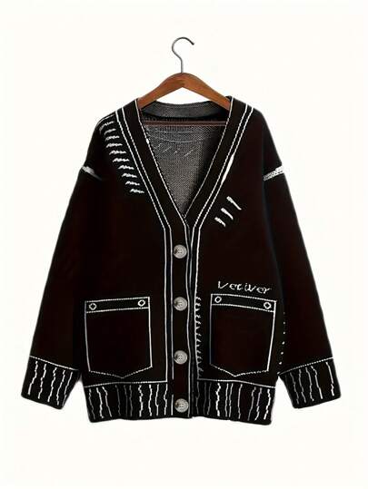 Plus Size Women's V-Neck Long Sleeve Knit Cardigan, For Winter