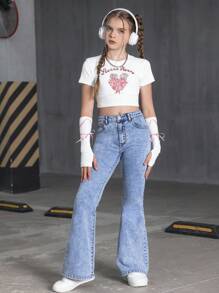 SHEIN Explorewe 青少年女孩休闲简约可爱甜美优雅口袋设计粉色蝴蝶结刺绣洗水牛仔喇叭裤 - 藍色 - 查看 7