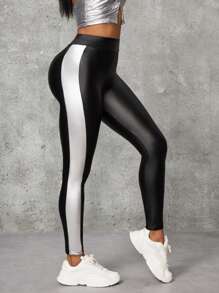 SHEIN Essnce Skin-Tight Leather-Blend Leggings With Side Panels, Stretchy & Comfortable For Fall/Winter - Black - View 1