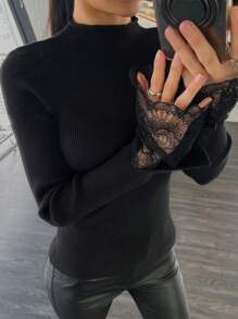 DAZY 女式蕾丝拼布修身套头衫、长袖上衣、秋装 - 黑色 - 查看 4