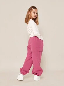 SUMWON Tween Girls Long Sleeve Shirt And Ruched Cargo Pant 2 Piece Set - Watermelon Pink - View 2