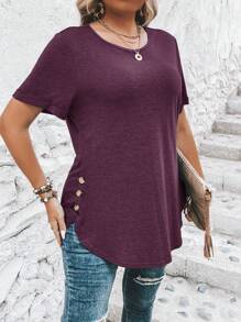 SHEIN Clasi 大码女式秋季纯色圆领短袖侧扣装饰休闲 T 恤 - 紫色 - 查看 5