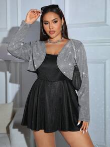 SHEIN EZwear Áo khoác đính đá lấp lánh màu đen bóng phong cách đại học mùa thu/đông cỡ lớn cho nữ - Bạc - Xem 1