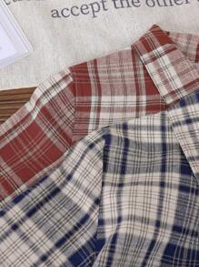 2 piezas Conjunto de camisa de estilo escolar informal con estampado a cuadros y texto bordado para niño joven, adecuado para otoño/invierno, salidas, uso casual en la calle - Multicolor - Ver 5