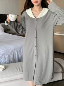 DAZY Vestido de estar por casa con cuello ancho y bajo ondulado