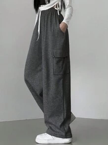 DAZY 女式抽绳腰带口袋阔腿宽松休闲运动运动裤女式慢跑裤 - 深灰色 - 查看 2