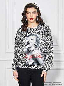 Marilyn Monroe X SHEIN Fall And Winter Black And White Round Neck Loose Sweatshirt , Leopard Print Portrait Pattern Sexy Casual Style