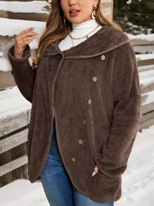 EMERY ROSE 大码长袖正面纽扣蓬松休闲羊毛大衣 - 棕色 - 查看 4