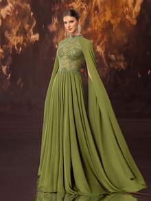 YISIKADO Váy dạ hội trang trọng maxi bằng vải chiffon pha lê sang trọng dành cho nữ có cổ đứng và tay dài, váy dự tiệc cưới, váy dạ hội, dành cho khách dự tiệc cưới, tốt nghiệp, tiệc tối - Màu xanh Ô liu - Xem 5