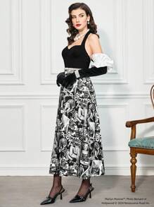 Marilyn Monroe X SHEIN 图案与字母拼布印花挂脖连衣裙（无腰带） - 黑色 - 查看 6