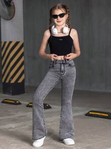 SHEIN Tween Girl Fashionable Casual Washed Denim Flare Pants - Dark Grey - View 6