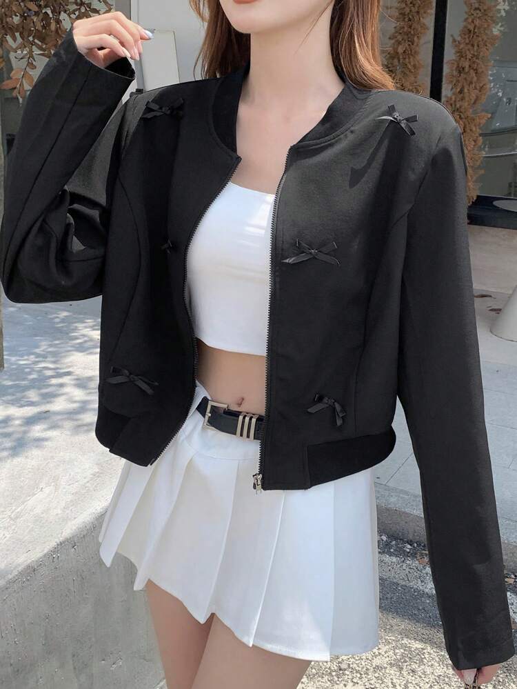 Solid Color Fitted Short Bow Jacket For Women,Fall Clothes
