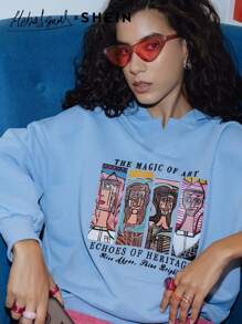 Seusyu Women's Letter Print Hoodie, Loose Fit Street Style Sweatshirt, Casual Comfy Pullover Top Fall - Baby Blue - View 1