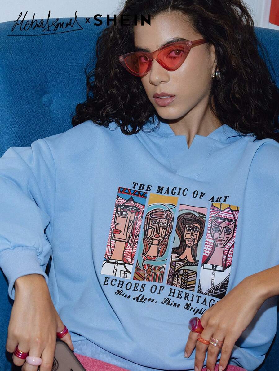 Seusyu Women's Letter Print Hoodie, Loose Fit Street Style Sweatshirt, Casual Comfy Pullover Top Fall - Baby Blue - View 1