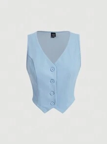 SHEIN MOD 浅蓝色约会之夜前扣 V 型下摆纯色纽扣前背心夹克和前缝裤两件套 - 薄荷藍 - 查看 8