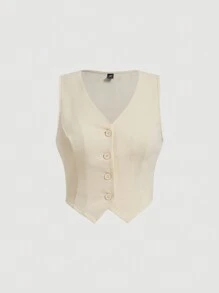SHEIN MOD Bộ 2 món áo vest đen cổ chữ V sâu màu trơn có nút cài phía trước và quần may phía trước cho đêm hẹn hò cỡ lớn - Màu be - Xem 6